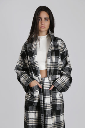 Black and White Midi Checked Coat with Belt