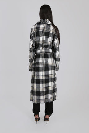 Black and White Midi Checked Coat with Belt