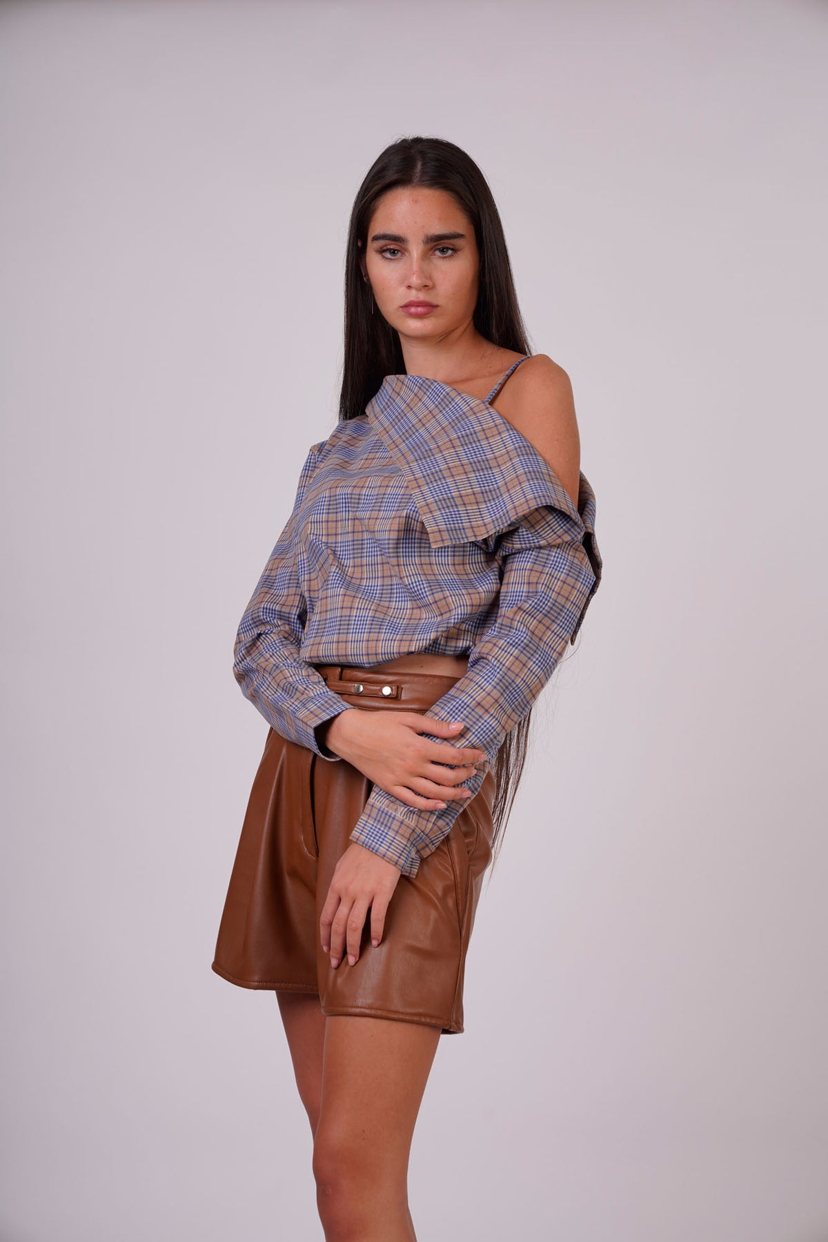 Blue Checkered Top With Side Detail