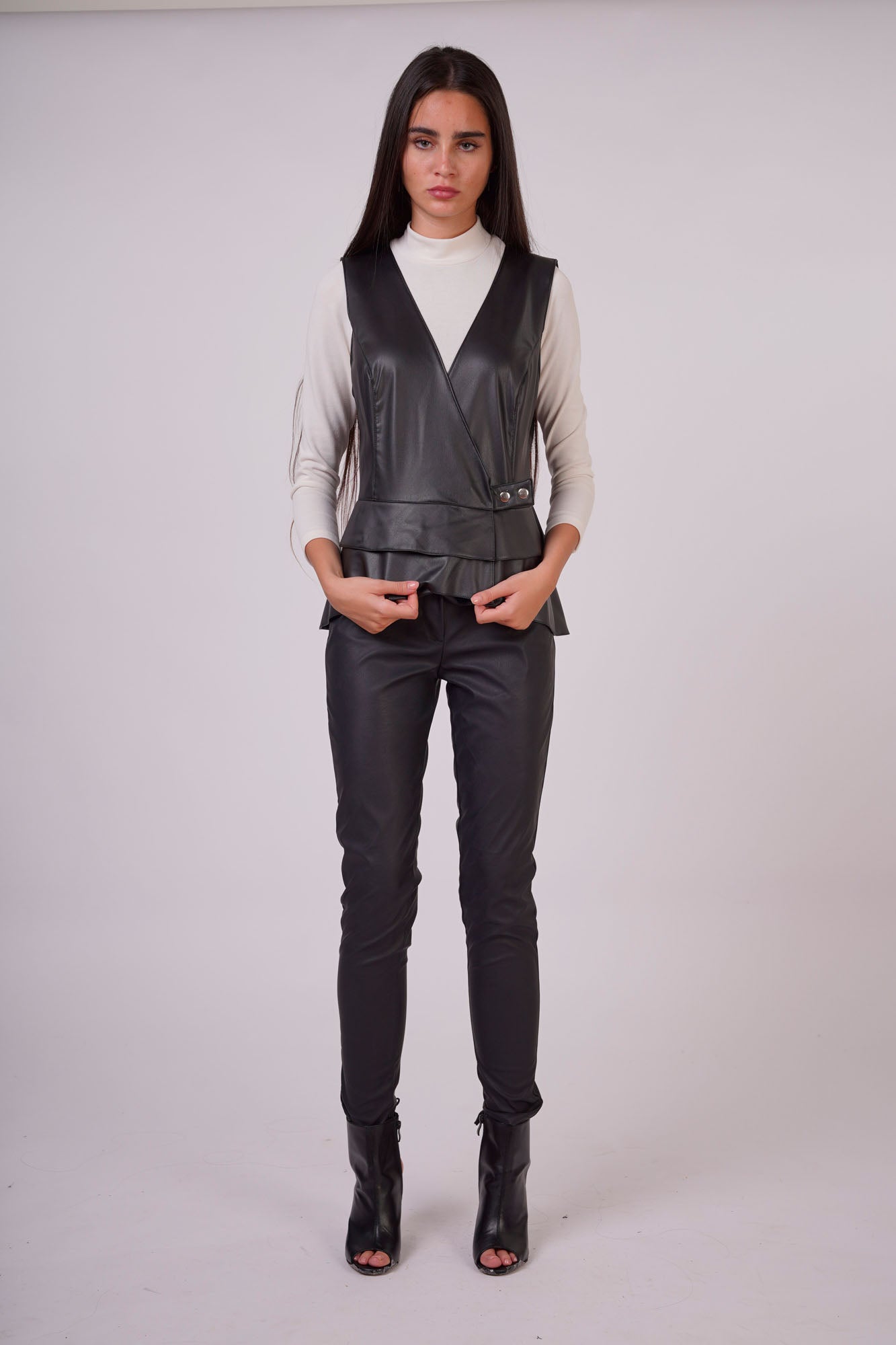 Faux Leather Waistcoat with Side Buttons