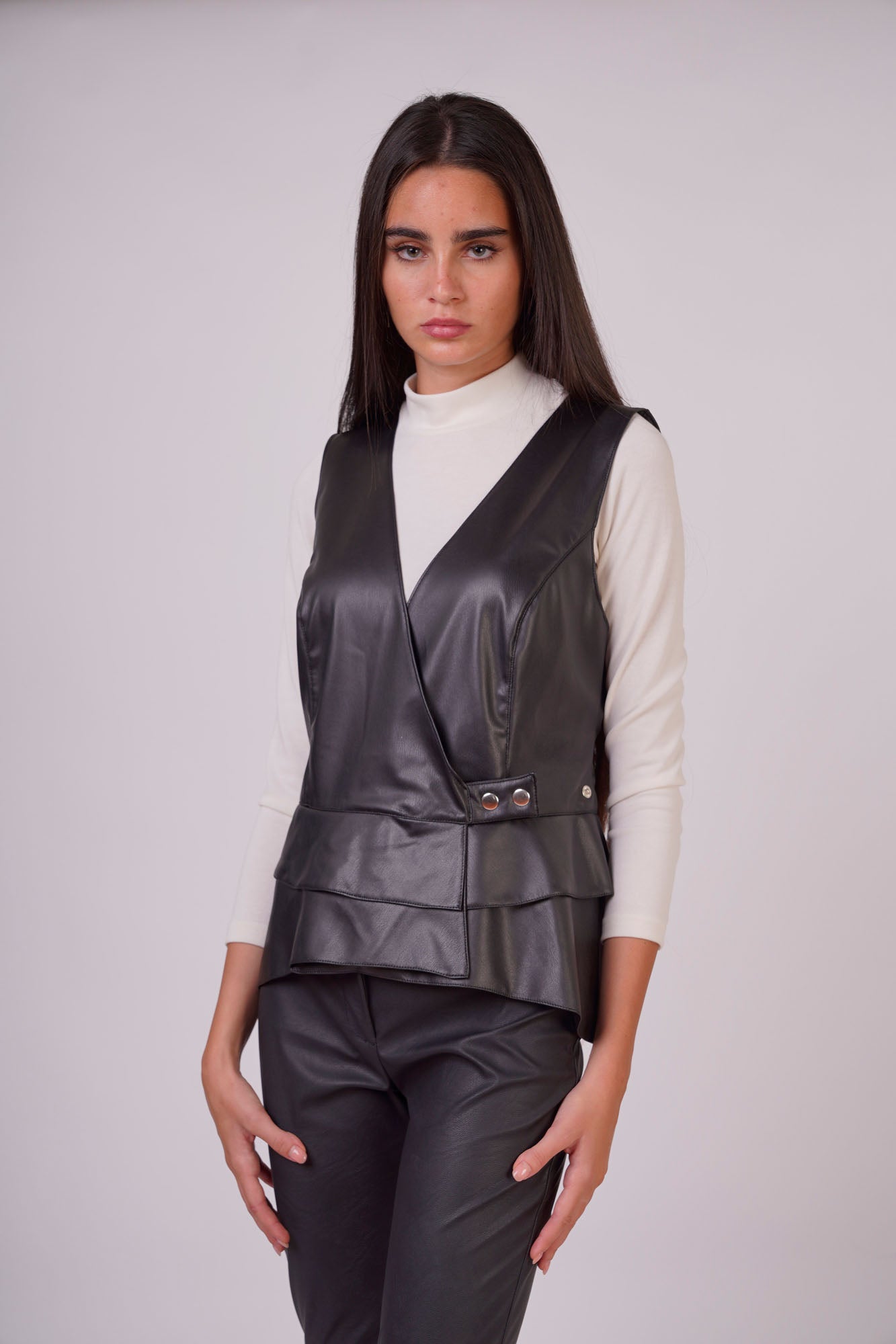 Faux Leather Waistcoat with Side Buttons