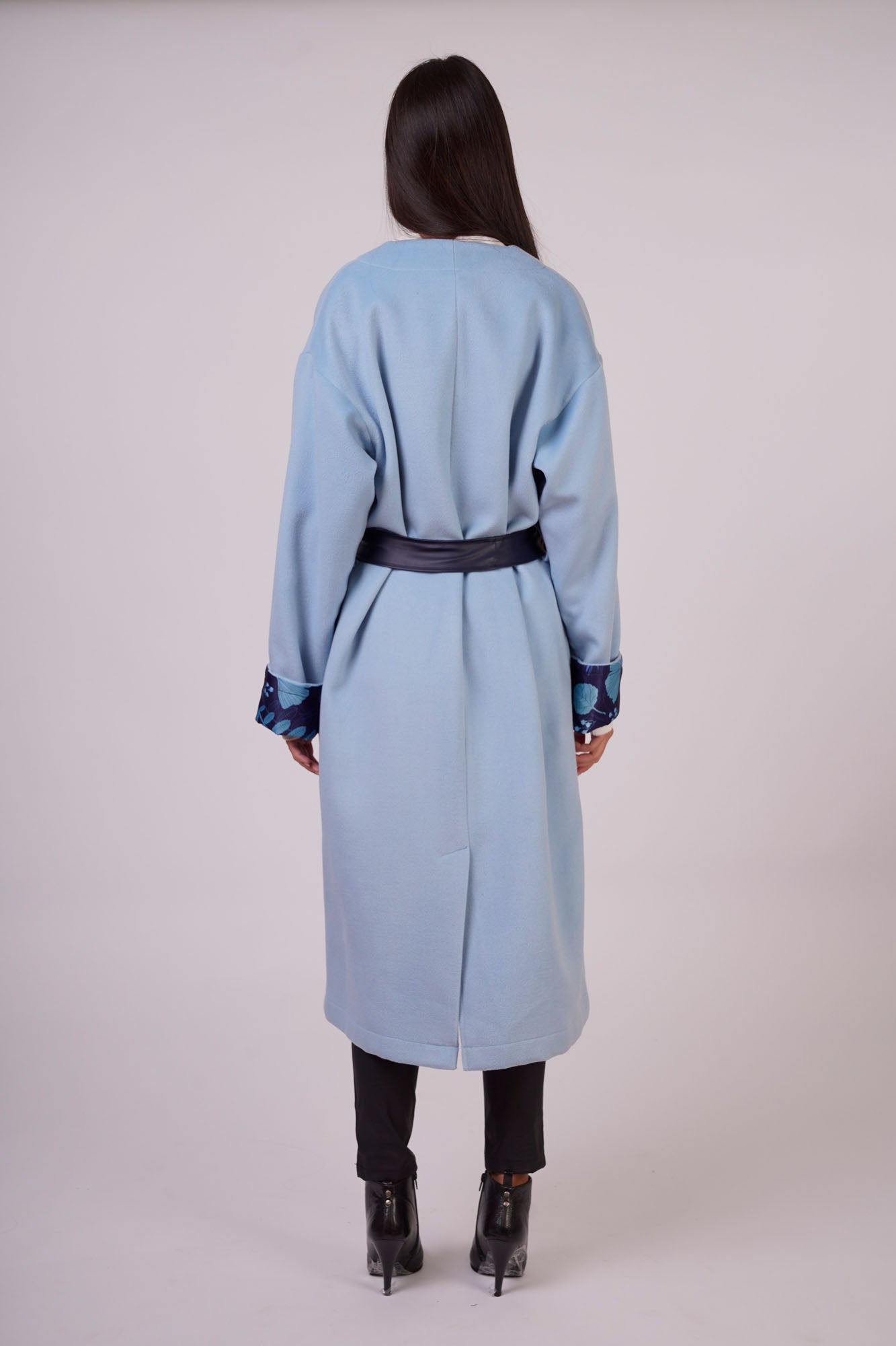 Leather Belted Wool Coat with Sleeve Details