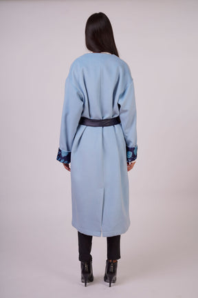 Leather Belted Wool Coat with Sleeve Details