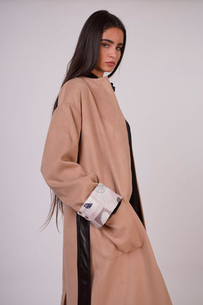 Leather Belted Wool Coat with Sleeve Details