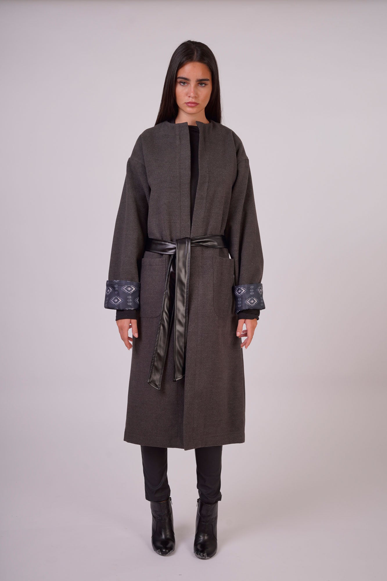 Leather Belted Wool Coat with Sleeve Details