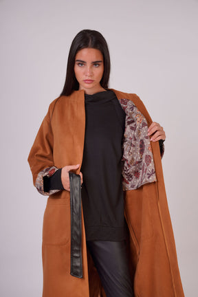 Leather Belted Wool Coat with Sleeve Details