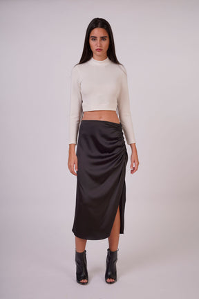 Satin Gathered Skirt with Side Slit