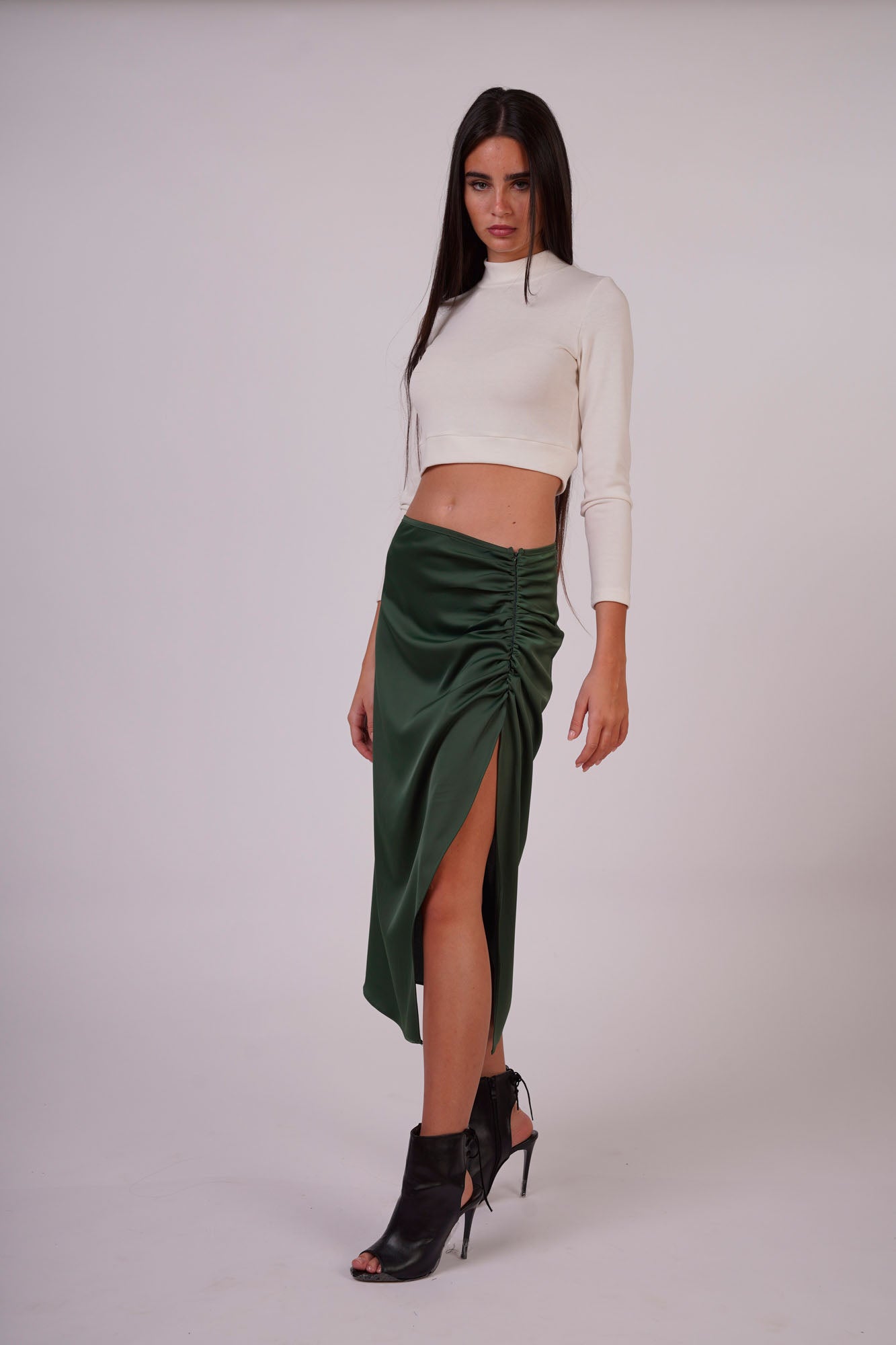 Satin Gathered Skirt with Side Slit