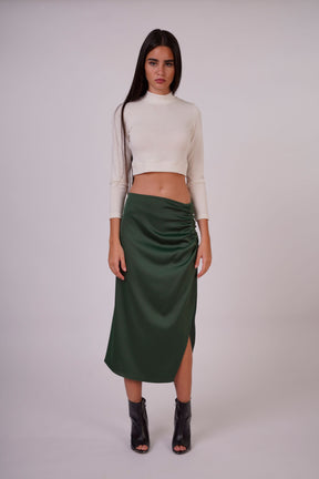 Satin Gathered Skirt with Side Slit