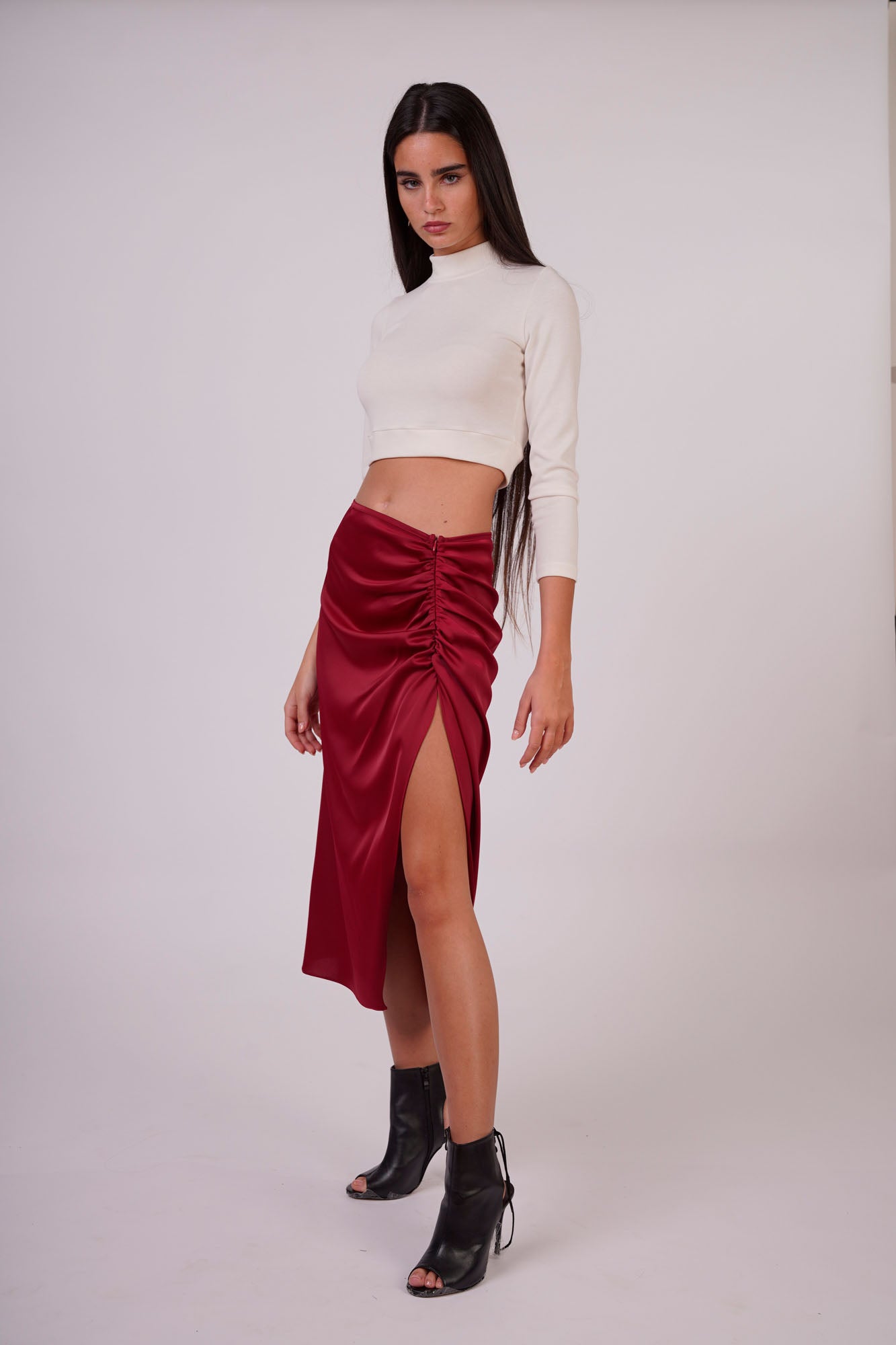 Satin Gathered Skirt with Side Slit