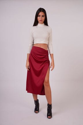 Satin Gathered Skirt with Side Slit