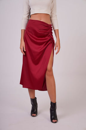 Satin Gathered Skirt with Side Slit