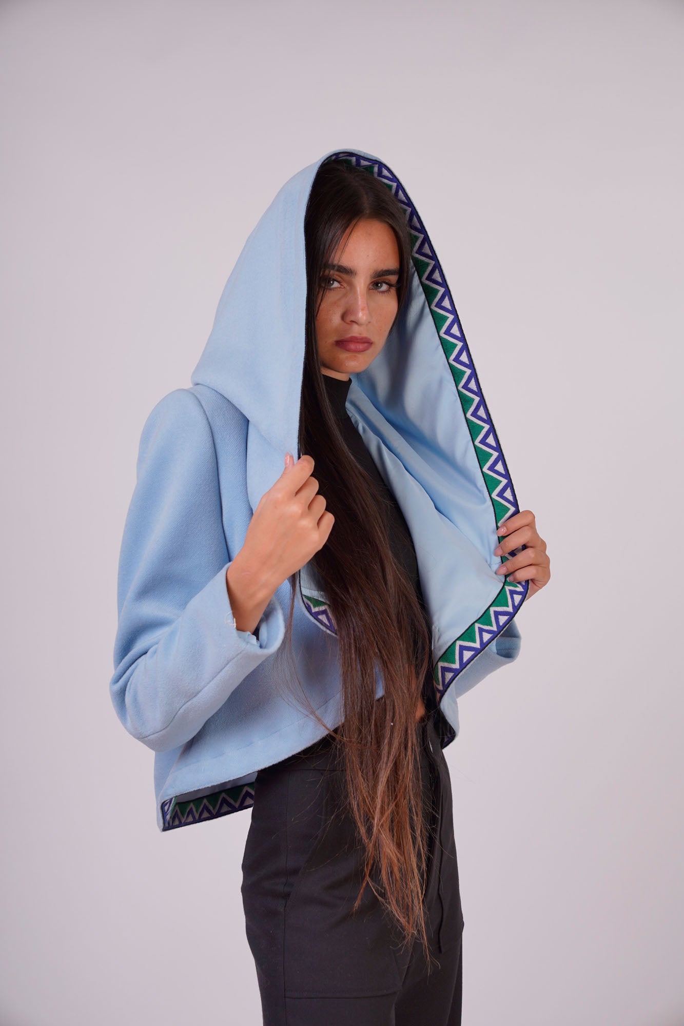 Wool Jacket with Cape and Patterned Effect on The Side