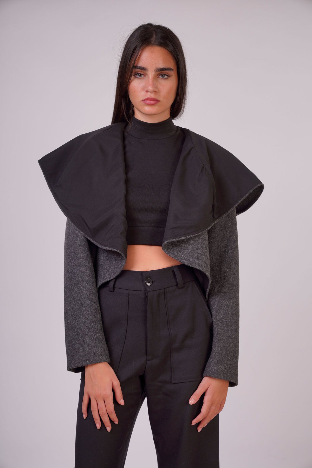 Black Textured Jacket with Cape