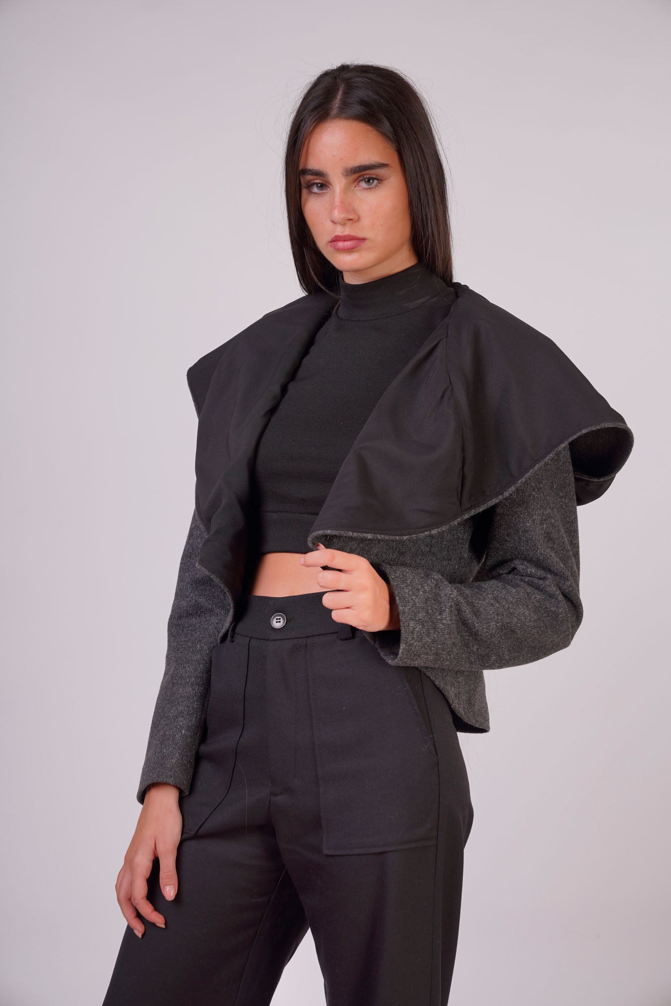 Black Textured Jacket with Cape