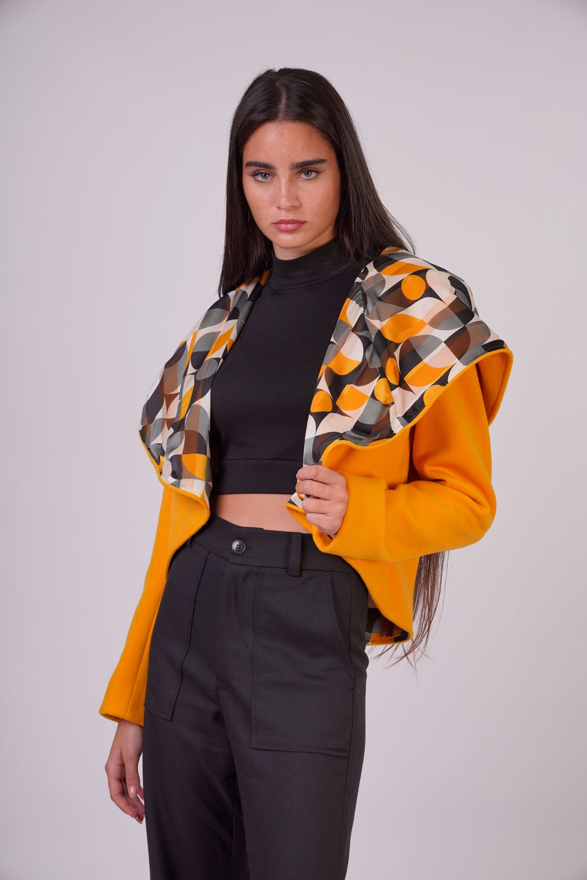 Wool Jacket with Cape and Patterned Effect