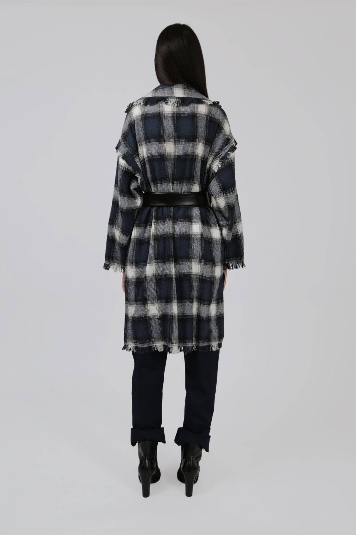Checked Frill Coat with Black Faux Leather Belt