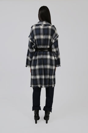 Checked Frill Coat with Black Faux Leather Belt