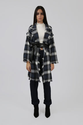 Checked Frill Coat with Black Faux Leather Belt