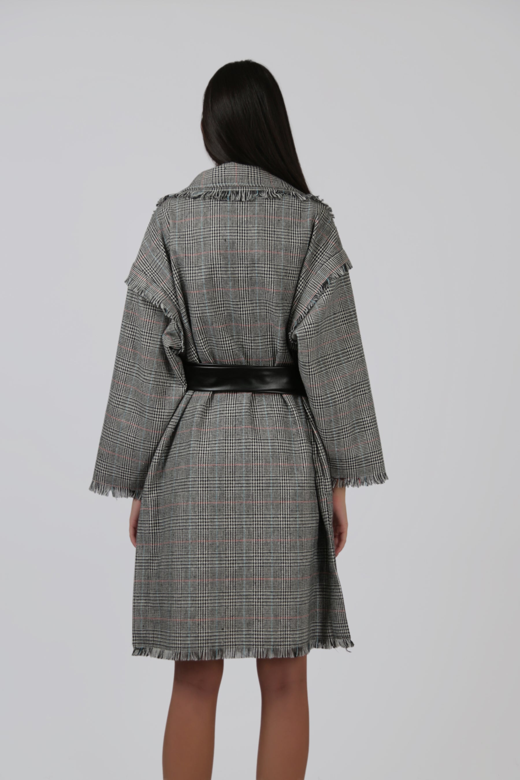 Checked Frill Coat with Black Faux Leather Belt