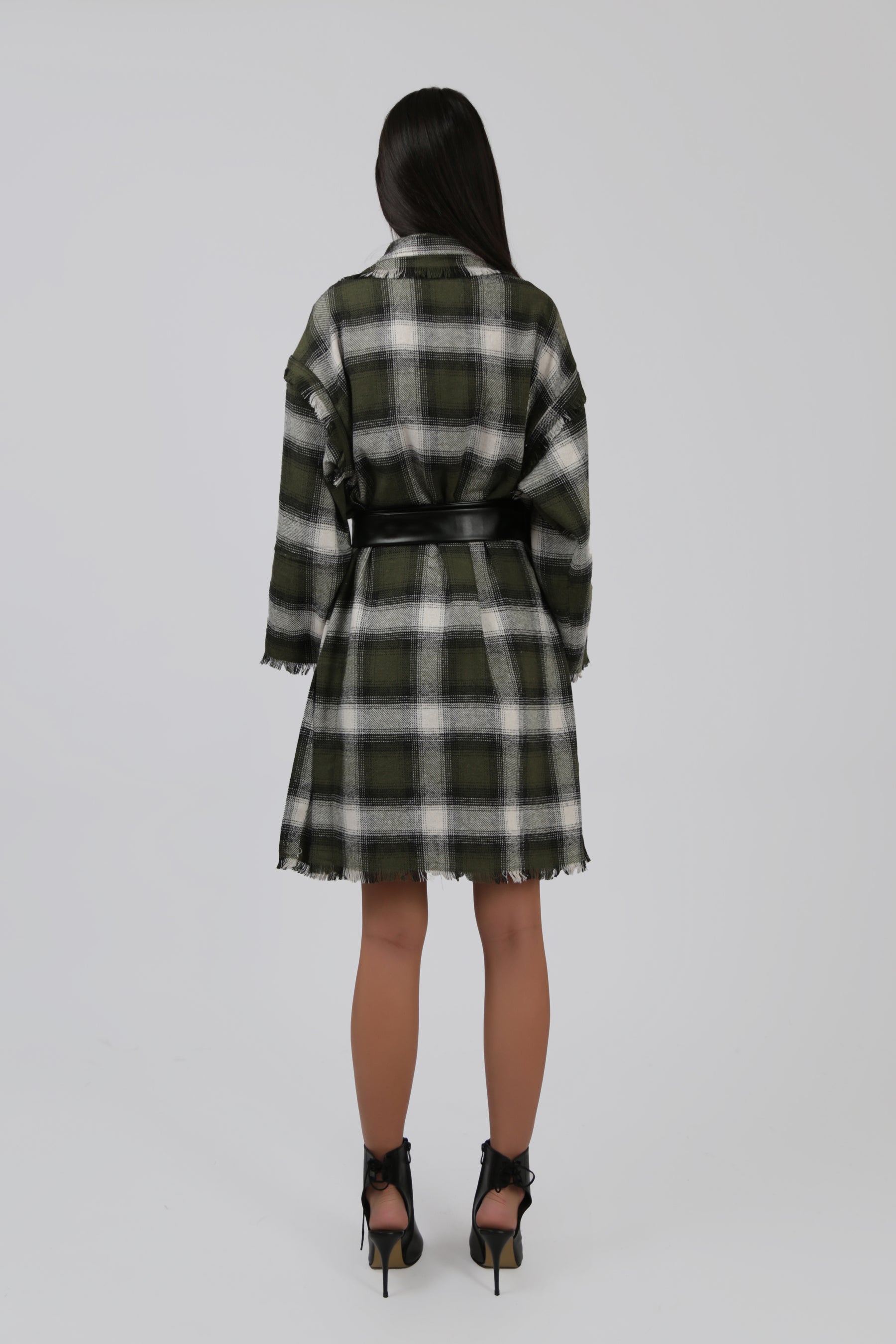 Checked Frill Coat with Black Faux Leather Belt