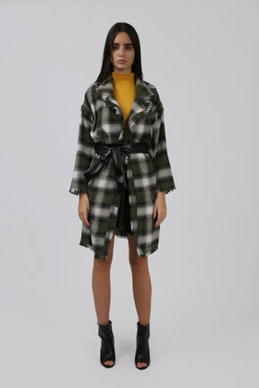 Checked Frill Coat with Black Faux Leather Belt