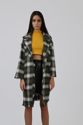 Checked Frill Coat with Black Faux Leather Belt