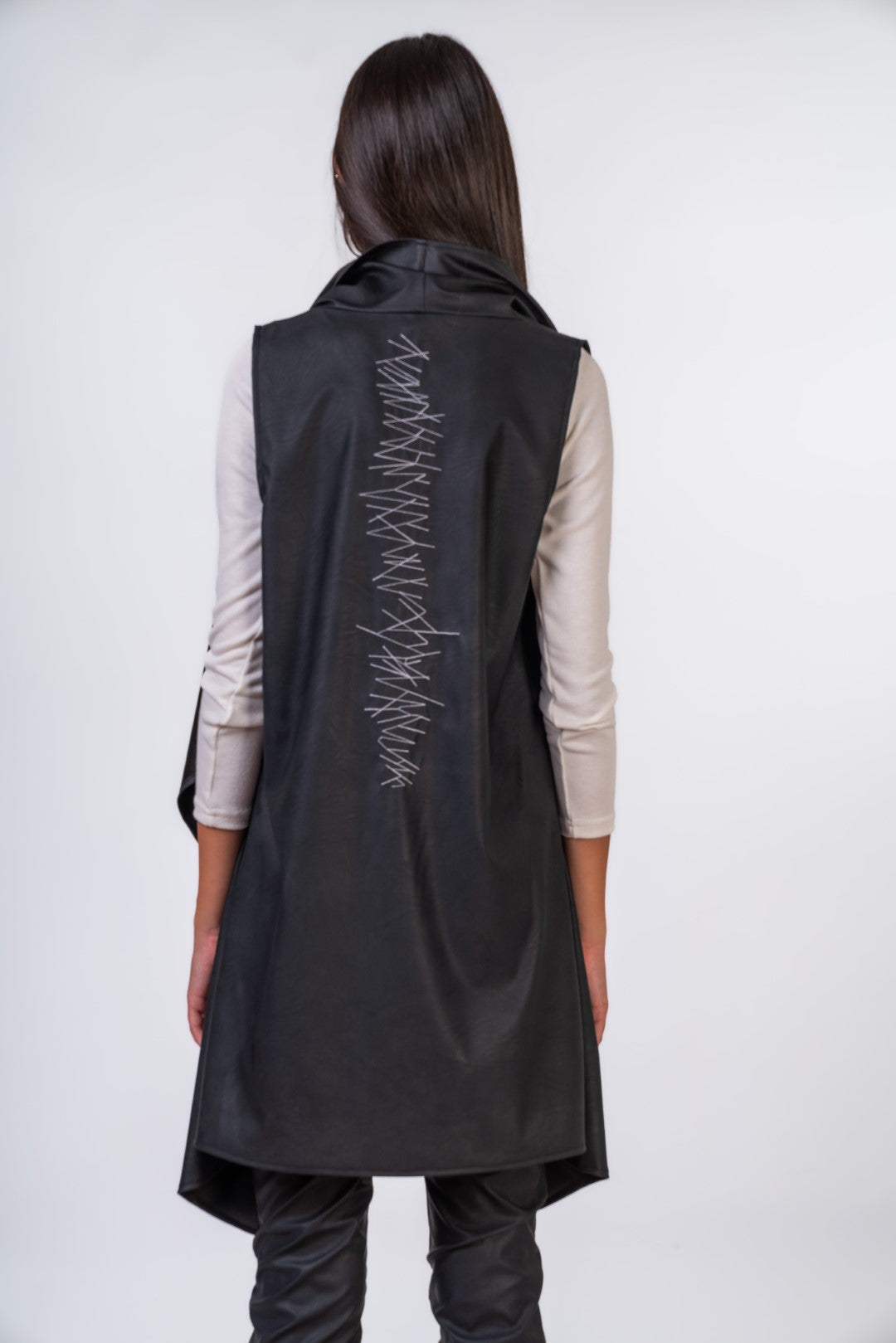 Faux Leather Waistcoat with Asymmetric Embroidery at The Back