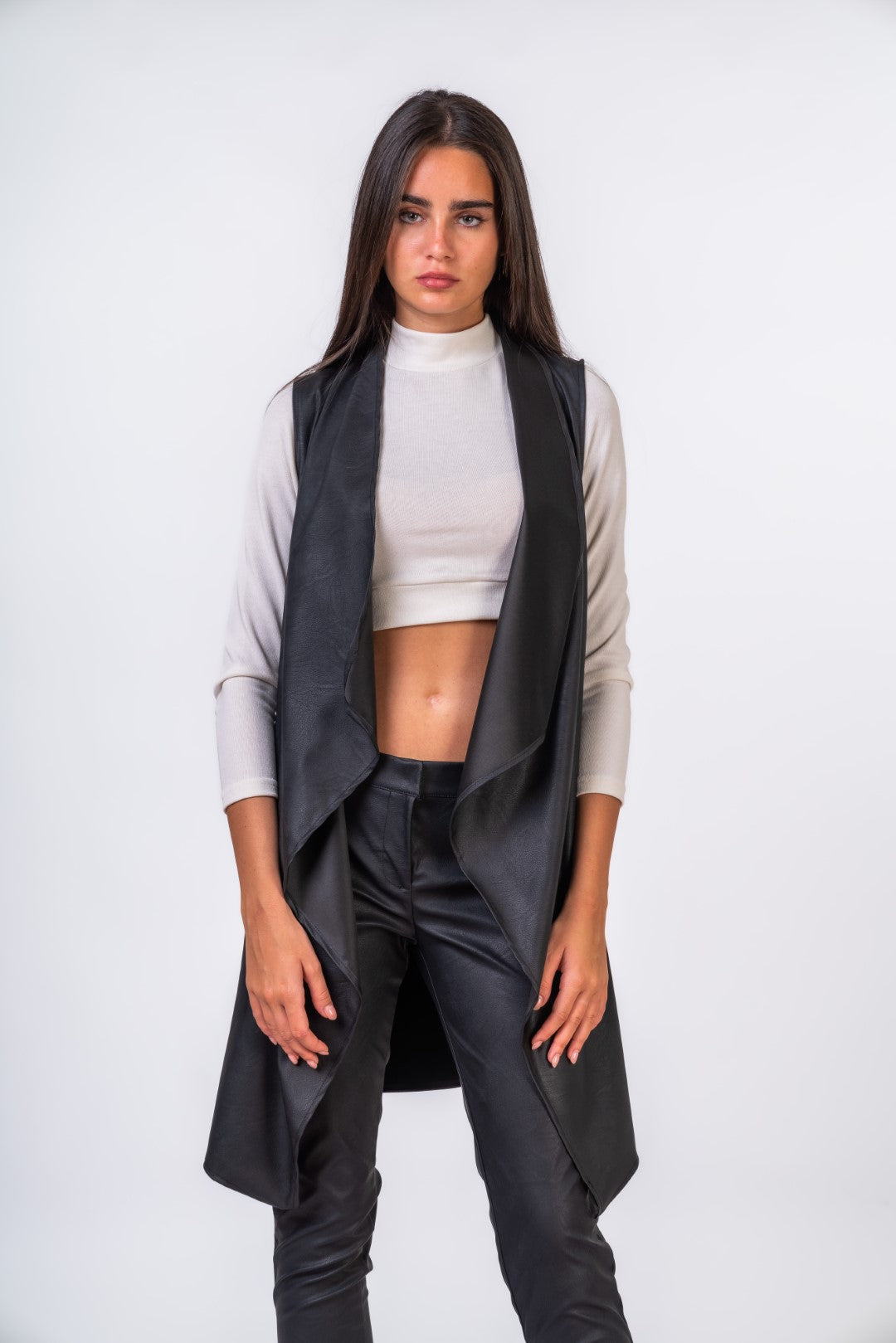 Faux Leather Waistcoat with Asymmetric Embroidery at The Back