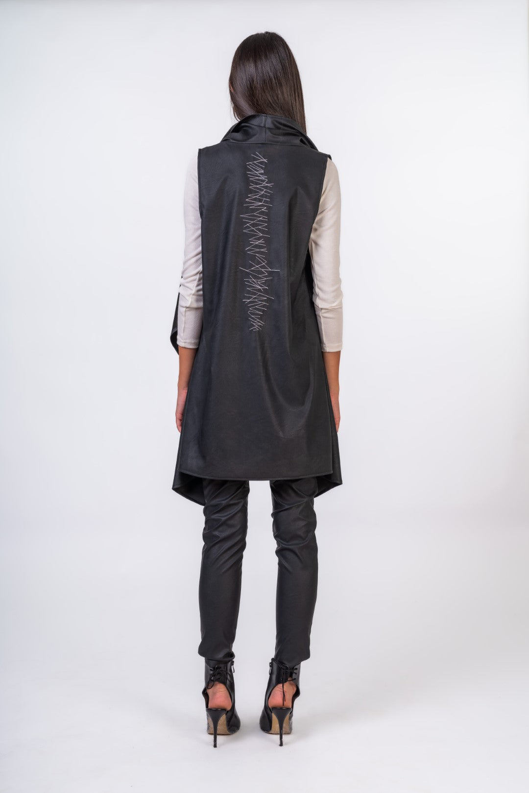 Faux Leather Waistcoat with Asymmetric Embroidery at The Back