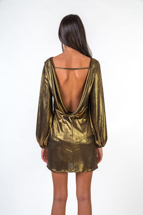 Sequined Dress with Voluminous Sleeves and Open Back