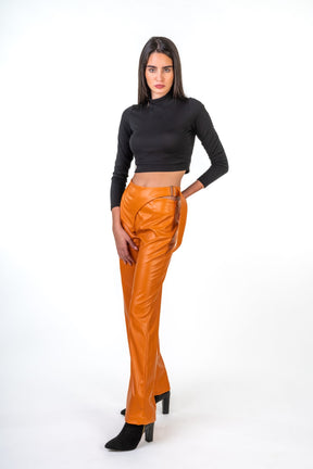 Faux Leather Pants With Side Buckels
