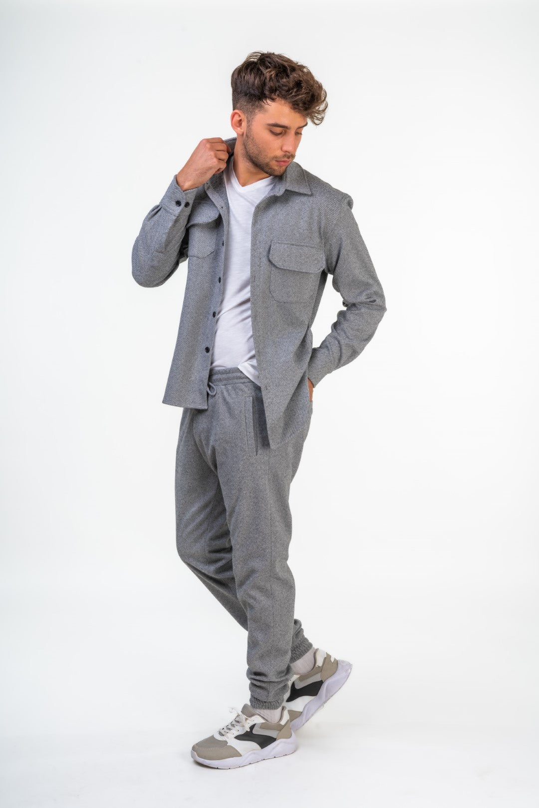 Comfy Textured Overshirt with Front Pockets and Slim Fit String Trousers