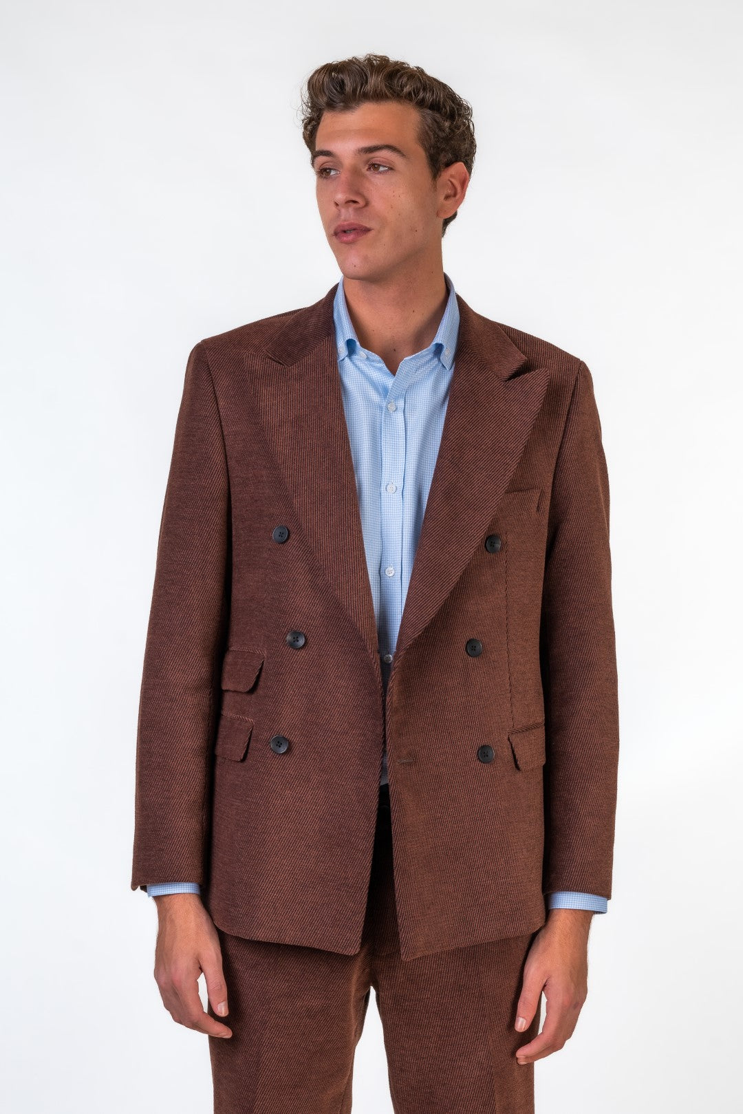 Brown Textured Corduroy Slim Fit Double Breasted Suit