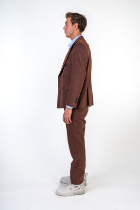Brown Textured Corduroy Slim Fit Double Breasted Suit