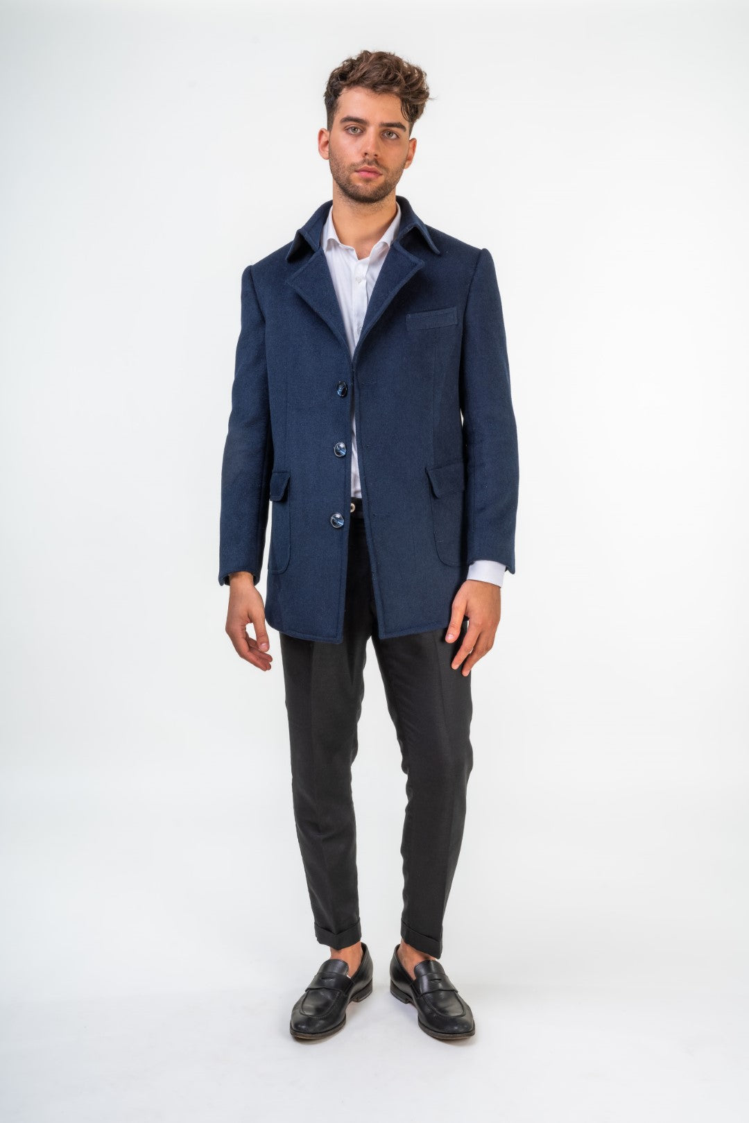 Navy Blue Wool Jacket with Floral Lining