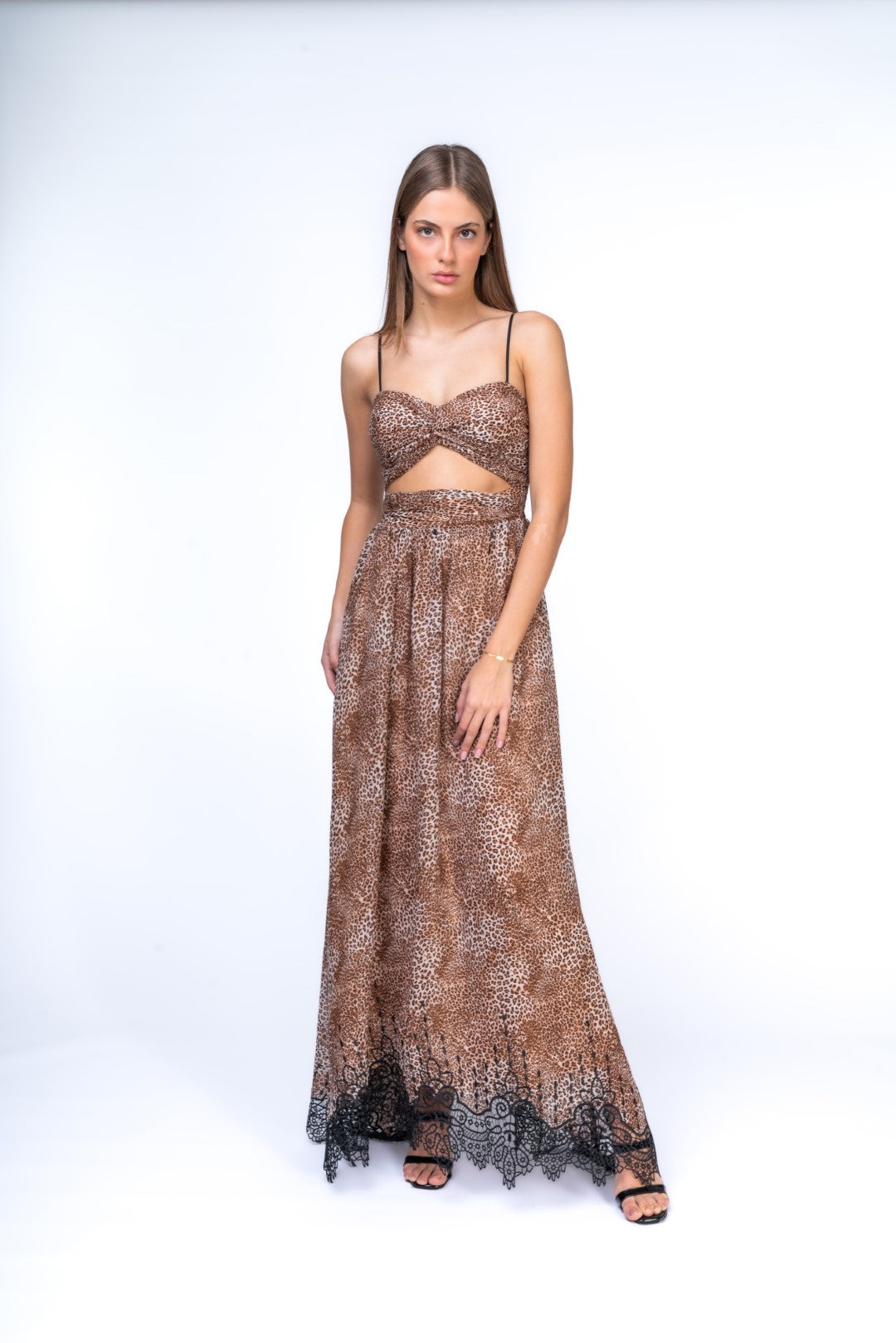 Leopoard Maxi Dress with Frontal Cut Out and Lace Trimming