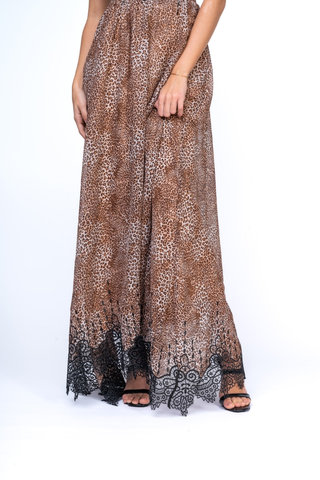Leopoard Maxi Dress with Frontal Cut Out and Lace Trimming