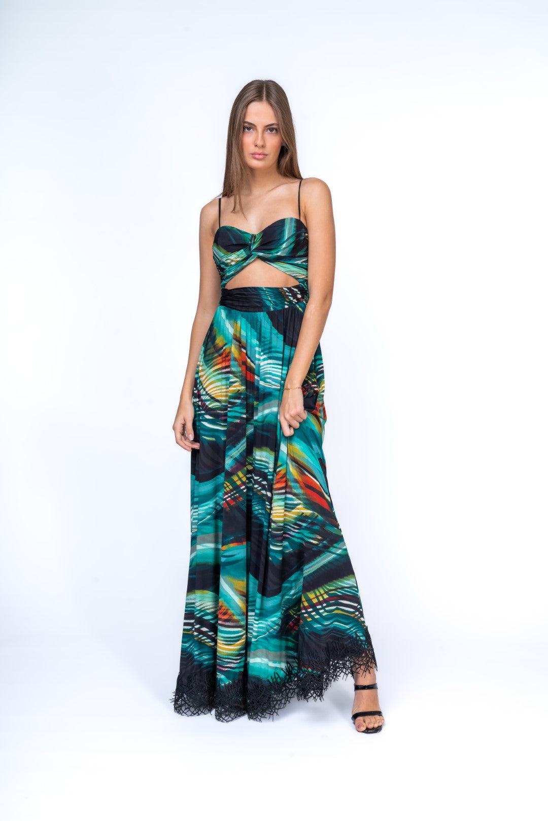 Maxi Dress with Frontal Cut Out and Abstract Lace Trimming