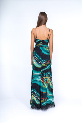 Maxi Dress with Frontal Cut Out and Abstract Lace Trimming