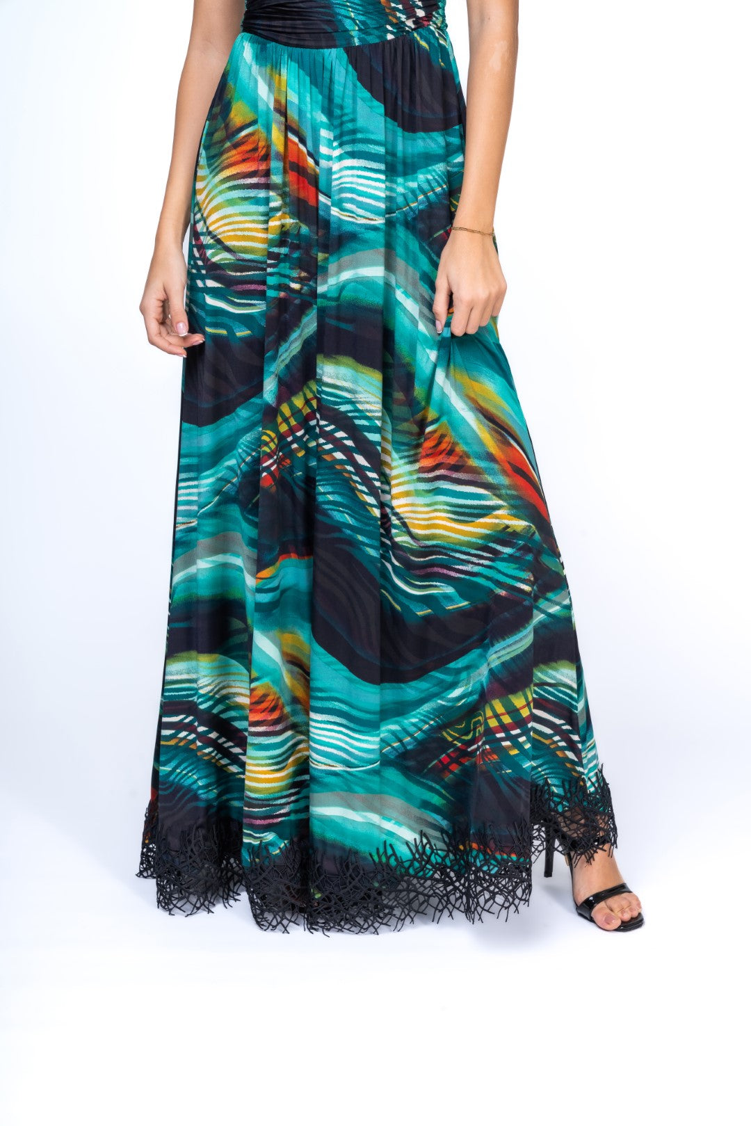 Maxi Dress with Frontal Cut Out and Abstract Lace Trimming