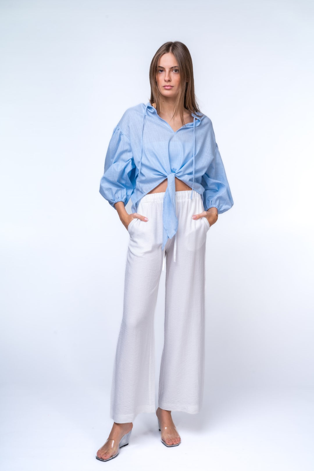 Linen Shirt With Voluminous Sleeves and Frontal Tie