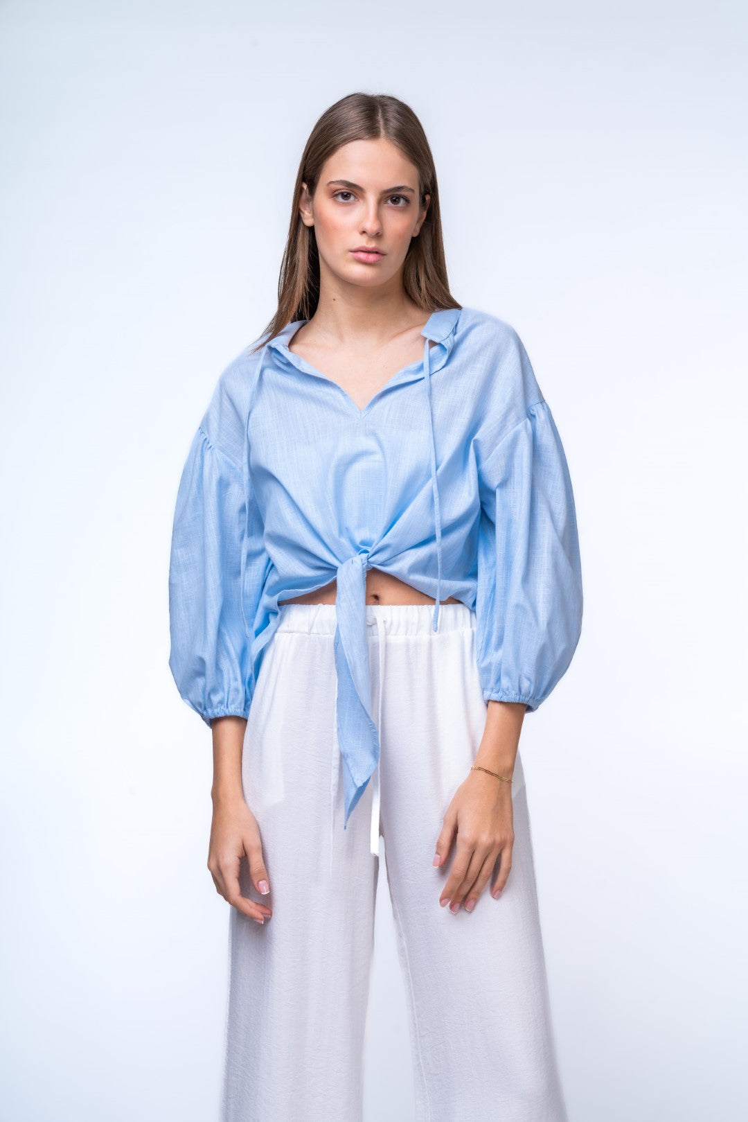 Linen Shirt With Voluminous Sleeves and Frontal Tie