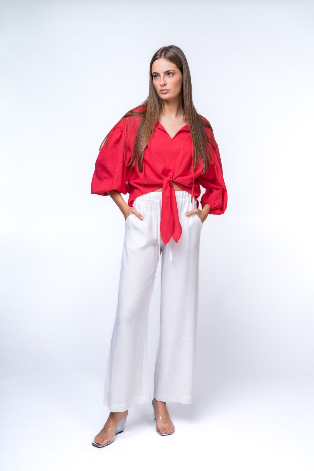 Linen Shirt With Voluminous Sleeves and Frontal Tie