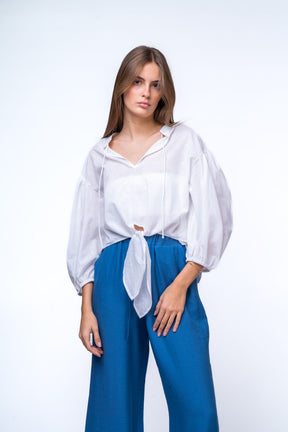 Linen Shirt With Voluminous Sleeves and Frontal Tie