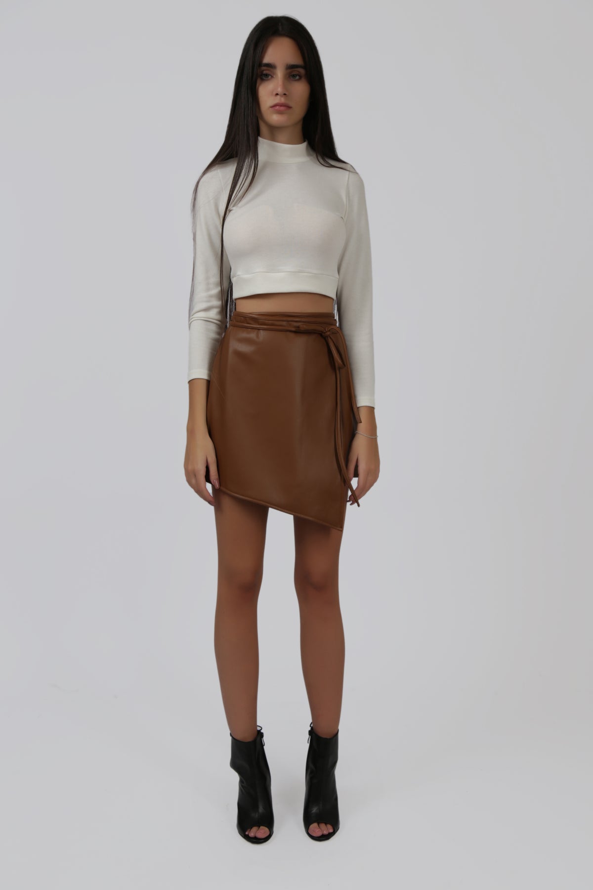 Wrap Around Faux Leather Skirt with Drawstring