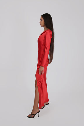Long-Sleeved Satin Dress with Frontal Slit