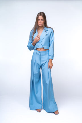 Full Length Pleated Trouser Suit and Short Cut Out Jacket with Pockets