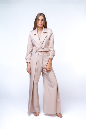 Full Length Pleated Trouser Suit and Short Cut Out Jacket with Pockets