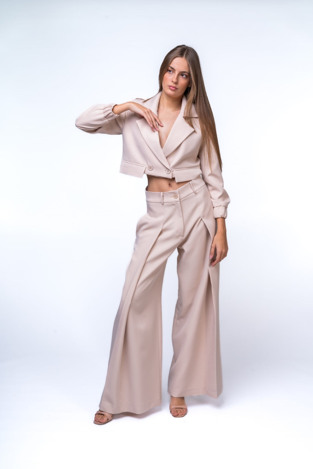 Full Length Pleated Trouser Suit and Short Cut Out Jacket with Pockets